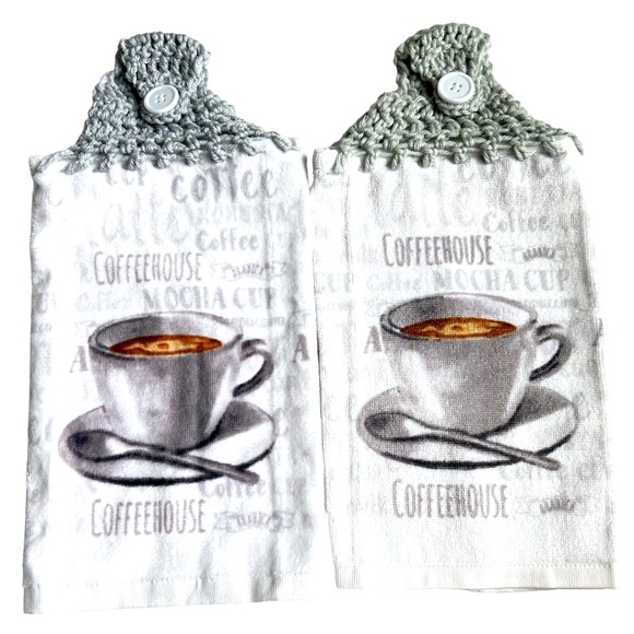 HAND CRAFTED Crochet Top Coffee House Hanging Kitchen or Bathroom Hand Towels - Picture 3 of 7
